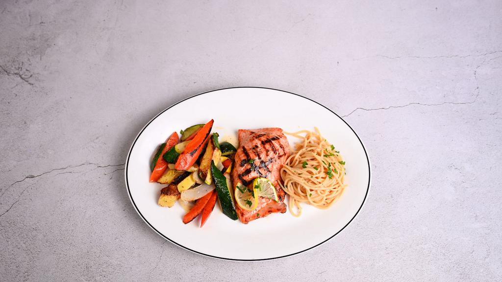 Grilled Salmon · fresh salmon filet served with Maria's vegetables and pasta in lemon butter