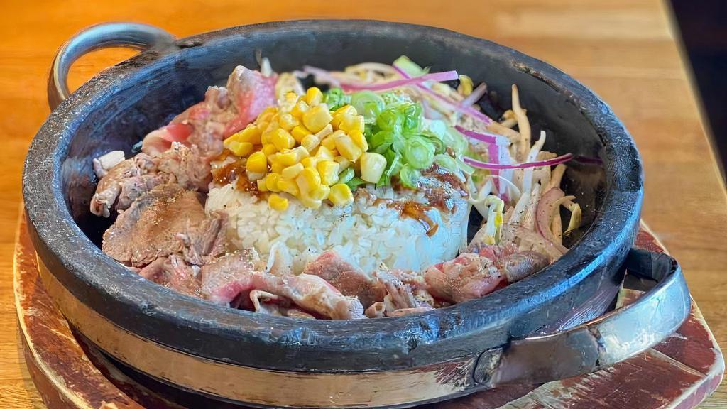 Brisket Hot Stone · Brisket, Red Onion, Bean Sprout, Corn, Green Onion, Pepper, House Soy sauce, on Hot Stone Pot