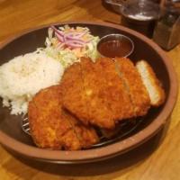 Chicken Katsu · Panko Fried Chicken Served with Rice and Small Salad