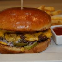 Sausalito Double Burger · 2 double stacked, hand-crafted 4 oz. gourmet patties, 2 slices of American cheese, diced red...