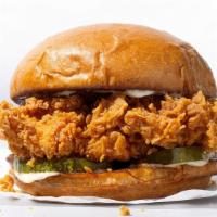 Crispy Chicken Sandwhich · Tender Juicy Chicken Breast on Crispy Brioche Bun with Pepper Jack and Pickles