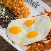 Chilaquiles · Corn tortillas, house-made red salsa, three eggs any style, queso fresco Mexican cheese, and...