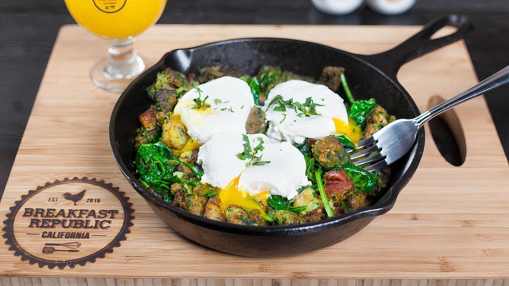 Turkey Meatloaf Hash · Three eggs any style, spinach, house-made turkey meatloaf, pesto, and house potatoes. Served with your choice of bread.GF