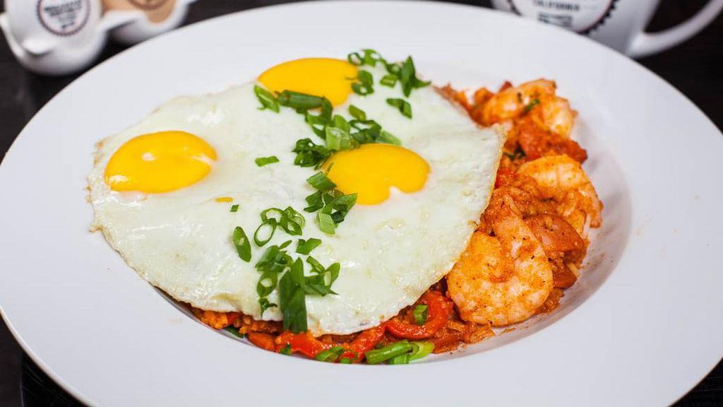 Breakfast Jambalaya · Shrimp and Portuguese linguica sausage, rice, green onions, red bell pepper, and fire roasted tomatoes. Topped with three eggs any style.GF