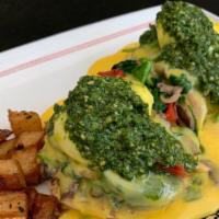 Mushroom N Pesto · Vegetarian. Contains nuts. Button and oyster mushrooms, red bell peppers, spinach, and pesto...
