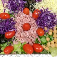 Antipasto Salad · Crisp Romaine & Iceberg lettuce, garbanzo beans, black olives, grape tomatoes, red cabbage, ...