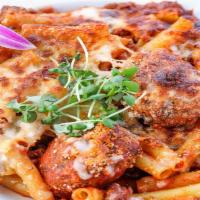 Baked Ziti · Meatballs, bolognese, provolone, Asiago, and mozzarella tossed and baked with ziti pasta.