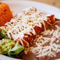 Enchiladas Americanas · 3 chicken or cheese enchiladas drenched in sauce. topped with cheese, served with rice, bean...