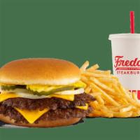 #1 Freddy'S Original Double With Cheese Combo · Two steakburger patties, cheese, mustard, onion & pickle on a toasted bun. Served with your ...