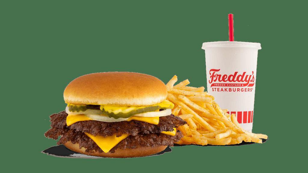 #1 Freddy'S Original Double With Cheese Combo · Two steakburger patties, cheese, mustard, onion & pickle on a toasted bun. Served with your choice of Freddy’s Shoestring Fries, Cheese Fries, Chili Cheese Fries, Cheese Curds, Onion Rings, Chili, Applesauce, or Baked Lays®.