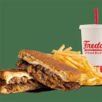 #4 Freddy'S Original Patty Melt Combo · Two steakburger patties, Swiss cheese & grilled onions on toasted rye bread.
