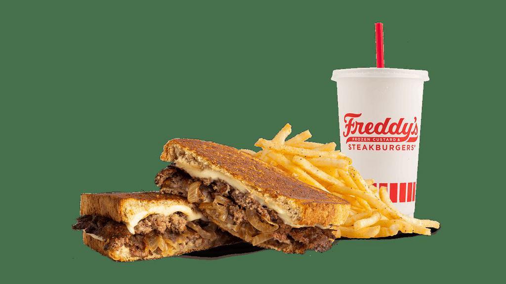 #4 Freddy'S Original Patty Melt Combo · Two steakburger patties, Swiss cheese & grilled onions on toasted rye bread.