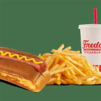 Freddy'S All-Beef Hot Dog Combo · All beef hot dog served plain or with your choice of condiments on a toasted bun.