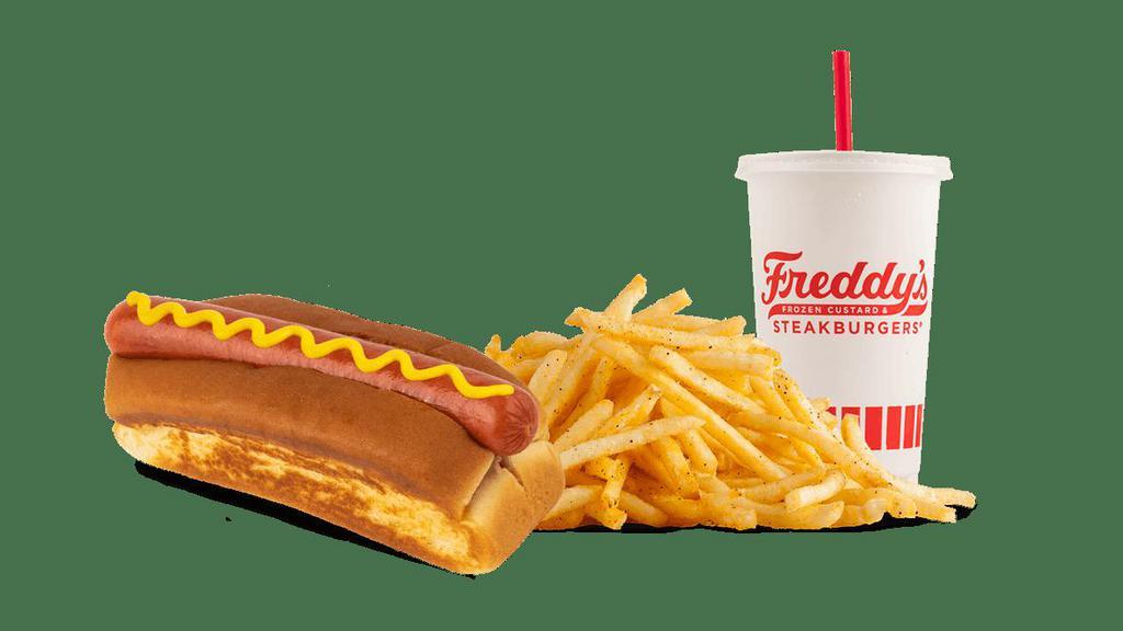 Freddy'S All-Beef Hot Dog Combo · All beef hot dog served plain or with your choice of condiments on a toasted bun.