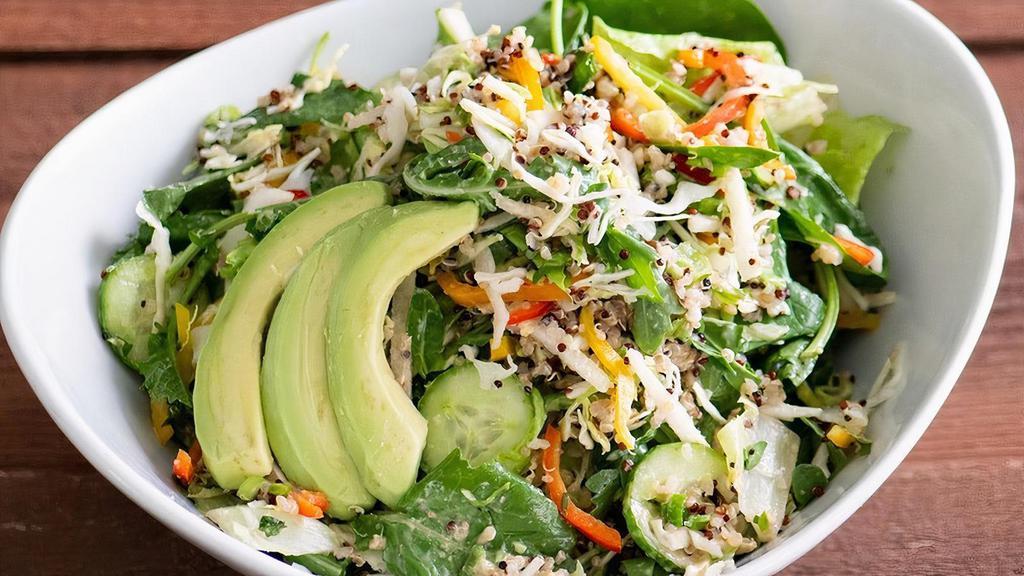 Avocado Quinoa · Tri-color quinoa, organic baby spinach, cabbage, jicama, cucumber, sweet peppers, green onions, cilantro, avocado vinaigrette; topped with avocado slices, toasted flax & chia seeds. * Ingredients up to cilantro cannot be removed