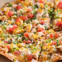 Bbq Chicken Pizza · Chipotle BBQ sauce, cheese, cotija cheese, tomatoes, red onion, green onion, cilantro, and c...