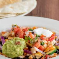 Fajita Bowl · Organic rice, organic beans, grilled vegetables, guacamole, sour cream, pico de gallo with t...