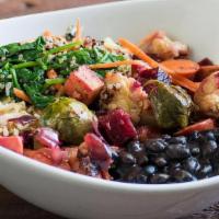 Roasted Vegetable Bowl · Roasted vegetables: organic carrots, organic beets, organic yams, organic Brussels sprouts, ...