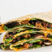 Spinach, Mushroom, & Cauliflower Quesadilla · Toasted non-GMO flour tortilla filled with “chorizo-spiced” cauliflower, mushrooms, sautéed ...