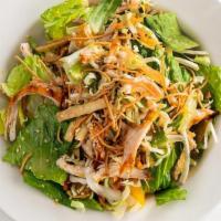 Half Sharky'S Chicken Salad · Organic Romaine lettuce, cabbage, mandarin oranges, carrots, sesame tortilla strip, rice noo...