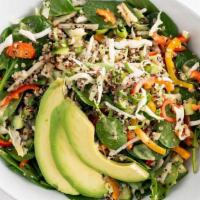 Avocado Quinoa Superfood Salad · Organic red & white quinoa, organic baby spinach, cabbage, jicama, cucumber, sweet peppers, ...