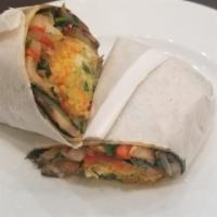 Vegan Breakfast Burrito With Avocado (No Eggs, No Cheese) · Burrito with breakfast potatoes, beans,blend of grill bell peppers, onions, mushrooms & avoc...