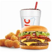 Supersonic Bacon Double Cheeseburger Combo · Includes choice of tots or fries and fountain drink.