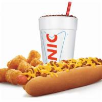 Footlong Chili Cheese Coney Combo · Served with chili and cheese. Includes choice of tots or fries and a fountain drink.