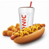 Chili Cheese Coney Combo · Grilled beef hot dog made with (100%) pure beef and topped with warm chili and melted chedda...