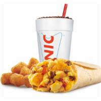 Ultimate Meat & Cheese Breakfast Burrito Combo · Cheddar cheese, tater tots, sausage, bacon, and baja cheese sauce. Includes choice of tots o...