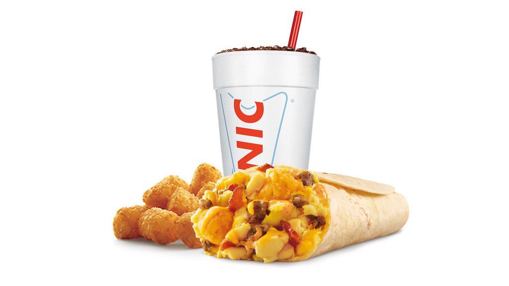 Ultimate Meat & Cheese Breakfast Burrito Combo · Cheddar cheese, tater tots, sausage, bacon, and baja cheese sauce. Includes choice of tots or fries and fountain drink.