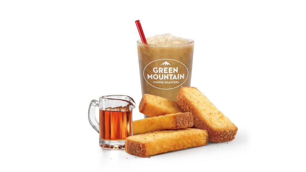 French Toast Sticks (4 Pc.) With Syrup & Drink · Three's a crowd, and four is a delicious bundle of breakfast delight. At least when it comes to our thick, golden French Toast Sticks complete with maple-flavored syrup for dipping.