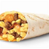 Ultimate Meat & Cheese Burrito · Comes with cheddar cheese, tater tots, sausage, bacon, and baja cheese sauce.
