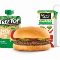 Burger Kids' Meal · Juicy, (100%) pure beef patty with crinkle-cut pickles, mustard, and ketchup. Simple but del...