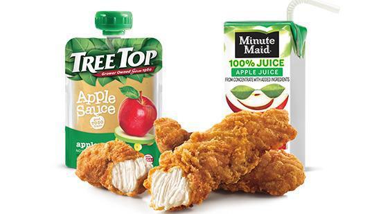 Chicken Strip (2) Kids' Meal · 2 Crispy Tenders, side choices include tots or fries, while the drink can be lowfat milk, an apple juice box, or fountain drink. Toy included.