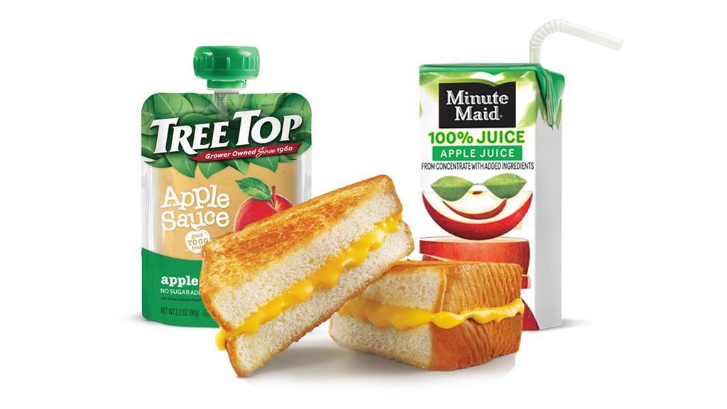 Grilled Cheese Kids' Meal · The delicious cheesy concoction all kids know and love. Two thick slices of Texas Toast with classic melted American cheese. Side choices include tots or fries, while the drink can be lowfat milk, an apple juice box, or fountain drink. Toy included.