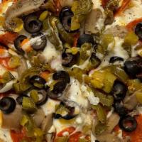 Over The Edge · Roasted garlic sauce, mozzarella cheese, pepperoni, mushrooms, green chilis, jalapeños, and ...
