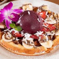 Acai Sorbet Or Vanilla Ice Cream Waffle · Our classic Belgian waffle topped with fresh strawberries and bananas served with a scoop of...
