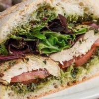Grilled Cilantro Chicken With Pesto Sandwich - Half · Grilled Cilantro chicken with pesto sauce on bread. Cheese-free pesto is available.