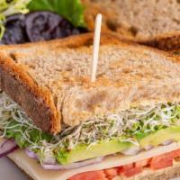 Sprout Sandwich - Full · Alfalfa sprouts, Jarlsberg Swiss cheese, red onion, Roma tomatoes, avocado & hummus on sprou...