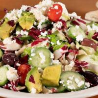 The Greek Salad · Live Butter lettuce and Treviso lettuce tossed with avocado, cucumbers, Feta, Kalamata olive...