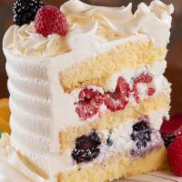 Berries And Cream Slice · Vanilla sponge cake filled with fresh Chantilly cream and seasonal berries.