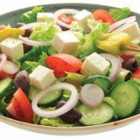 Greek Salad · Romaine lettuce, tomato, onion, cucumber, Greek kalamata olives, feta cheese, pepperoncini, ...
