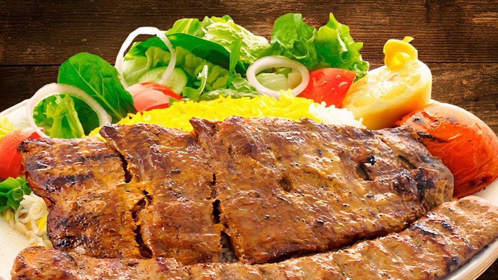 Soltani (Prime Center-Cut Filet Mignon) · Combination of Charbroiled Filet Mignon and a Strip of Seasoned Ground Filet (Beef Barg and Koobideh)