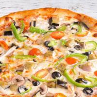 Vegetarian Pizza · House-made tomato sauce, Mozzarella cheese, grilled eggplant, mushroom, red onions, black ol...