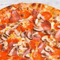 New York Style Pizza  · House-made tomato sauce, Mozzarella cheese, mushroom, all natural pepperoni, salami, and Ita...