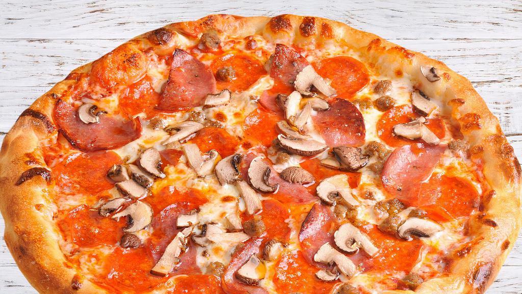 New York Style Pizza  · House-made tomato sauce, Mozzarella cheese, mushroom, all natural pepperoni, salami, and Italian sausage.