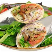 Gyros Döner Wrap · Slowly roasted rotisserie lamb or beef wrapped with lettuce, tomatoes, and onion, topped wit...