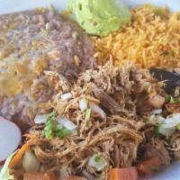 Carnitas Plate · A delicious shredded pork grilled and served with pico de gallo and fresh guacamole. Include...