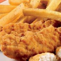 Chicken Tenders · Crispy chicken pieces.  Served with french fries.